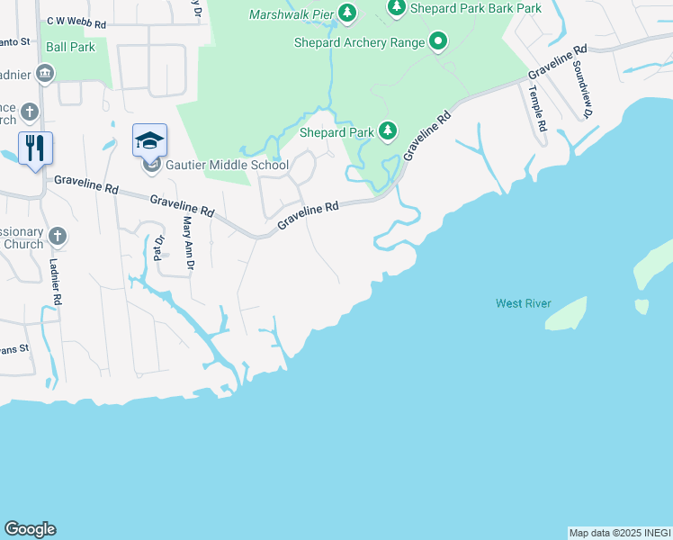 map of restaurants, bars, coffee shops, grocery stores, and more near 1632 Collin J McRae in Gautier
