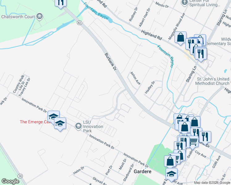 map of restaurants, bars, coffee shops, grocery stores, and more near Pelican Lakes Pkwy in Baton Rouge