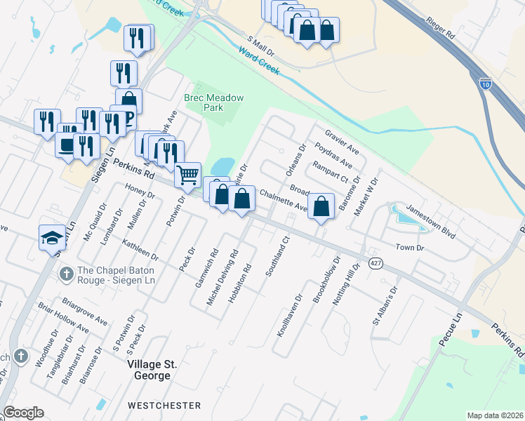 map of restaurants, bars, coffee shops, grocery stores, and more near 13730 Chalmette Avenue in Baton Rouge