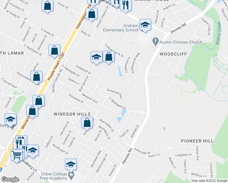 map of restaurants, bars, coffee shops, grocery stores, and more near Somerset Avenue in Austin