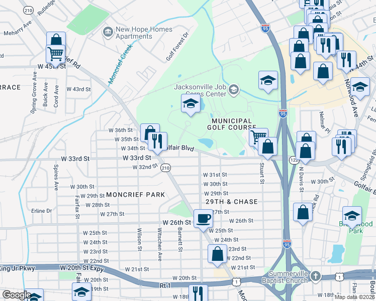map of restaurants, bars, coffee shops, grocery stores, and more near 1336 Golfair Boulevard in Jacksonville