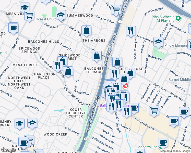 map of restaurants, bars, coffee shops, grocery stores, and more near 8100 North Mopac Expressway in Austin