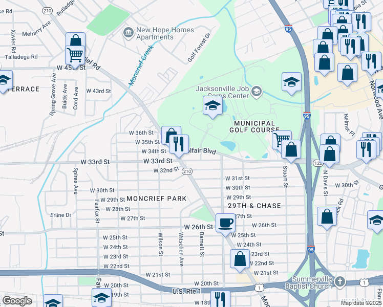 map of restaurants, bars, coffee shops, grocery stores, and more near 1362 Golfair Boulevard in Jacksonville
