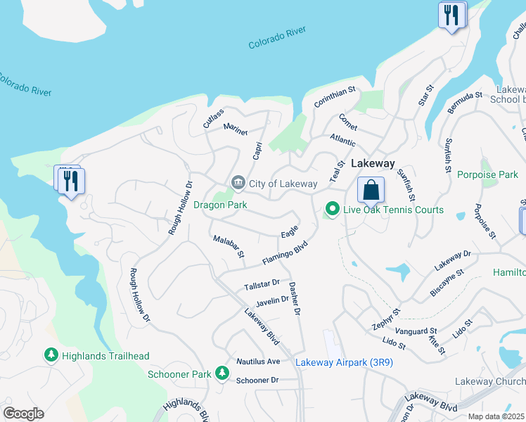 map of restaurants, bars, coffee shops, grocery stores, and more near 600 Dragon in Lakeway