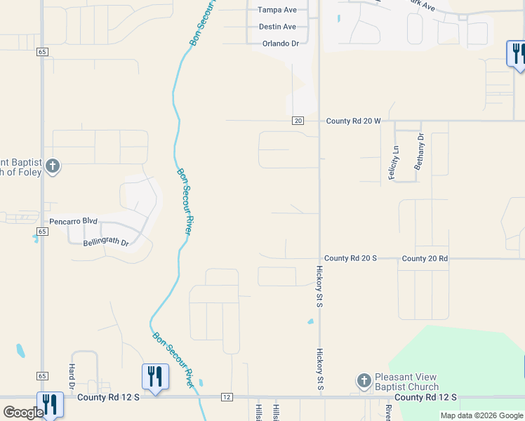 map of restaurants, bars, coffee shops, grocery stores, and more near 9683 Hickory Street South in Foley