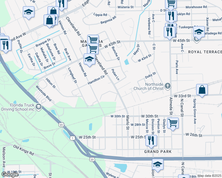 map of restaurants, bars, coffee shops, grocery stores, and more near 5020 Cleveland Road in Jacksonville