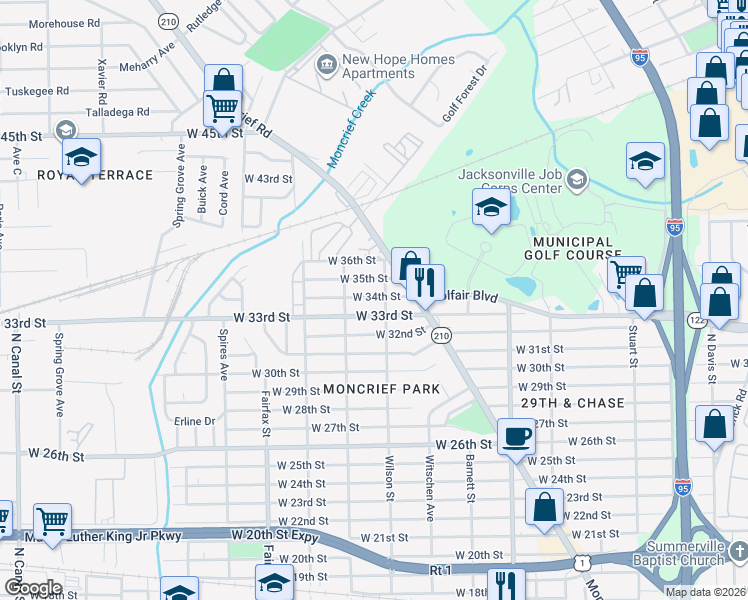 map of restaurants, bars, coffee shops, grocery stores, and more near 1550 West 34th Street in Jacksonville