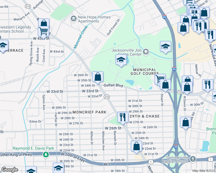 map of restaurants, bars, coffee shops, grocery stores, and more near 4515 Moncrief Road in Jacksonville