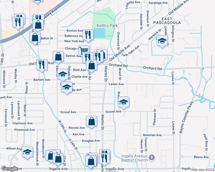 map of restaurants, bars, coffee shops, grocery stores, and more near 3819 Lanier Avenue in Pascagoula