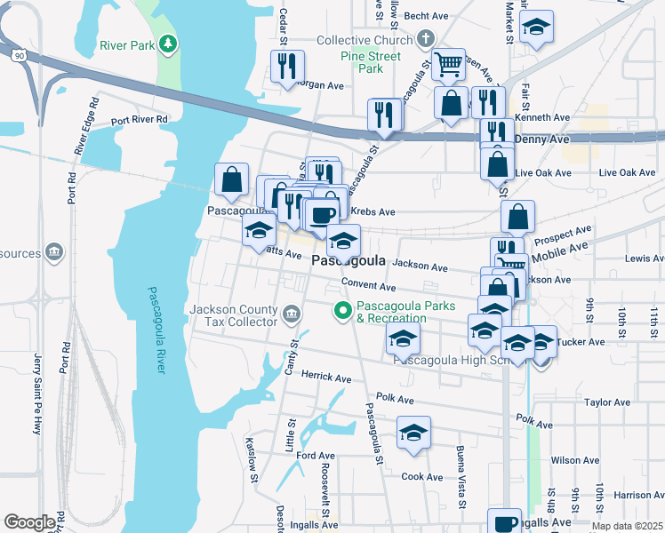 map of restaurants, bars, coffee shops, grocery stores, and more near 729 Watts Avenue in Pascagoula