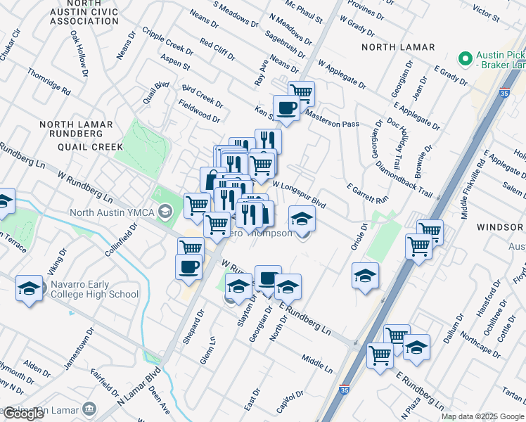 map of restaurants, bars, coffee shops, grocery stores, and more near 2 West Longspur Crossing Boulevard in Austin