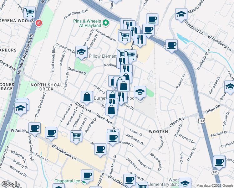 map of restaurants, bars, coffee shops, grocery stores, and more near 8440 Burnet Road in Austin