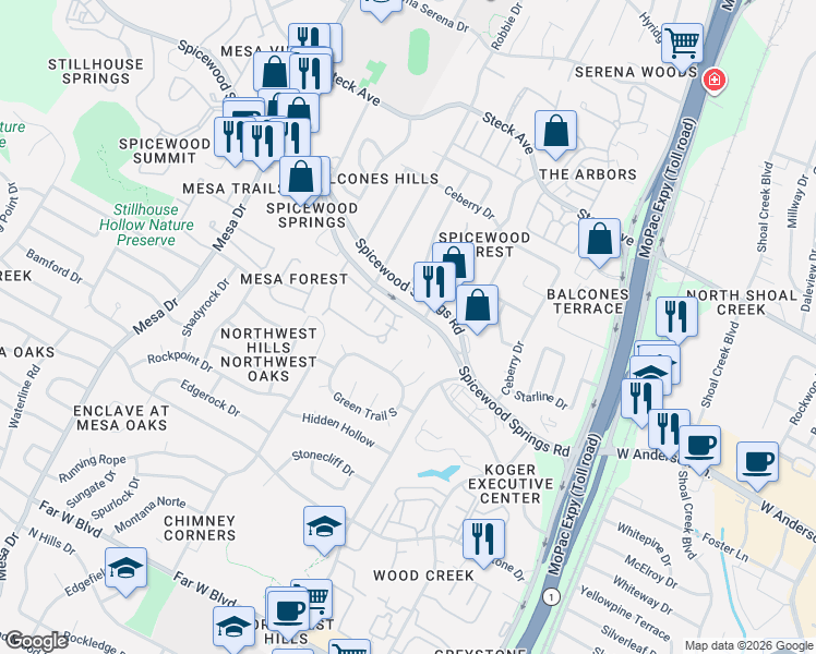 map of restaurants, bars, coffee shops, grocery stores, and more near 3702 Timson Court in Austin