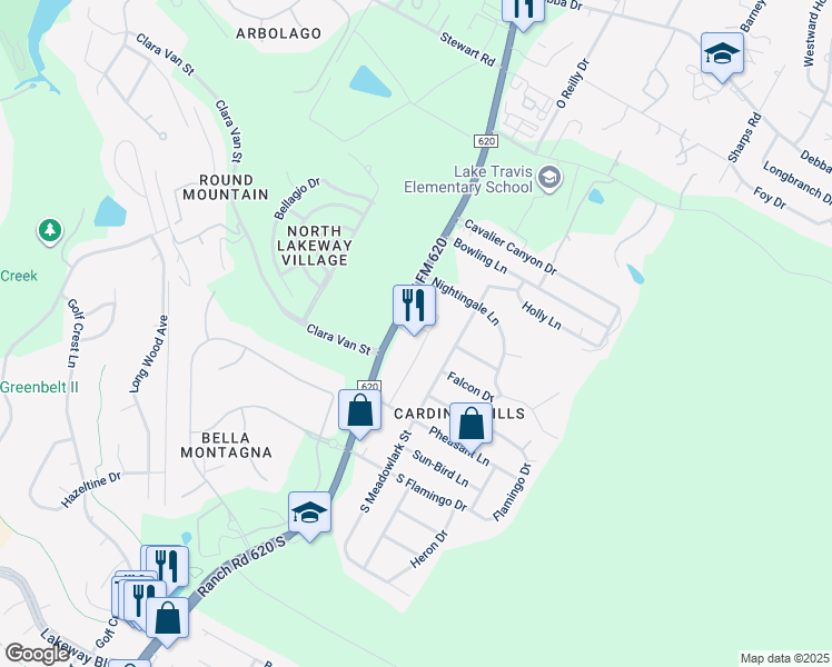 map of restaurants, bars, coffee shops, grocery stores, and more near 109 Ranch Road 620 North in Lakeway