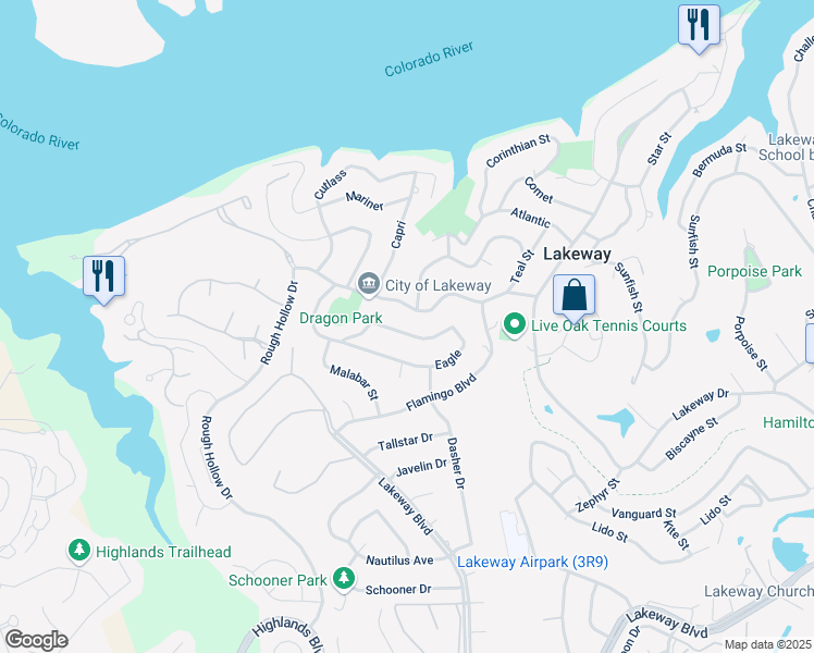 map of restaurants, bars, coffee shops, grocery stores, and more near 600 Dragon in Lakeway