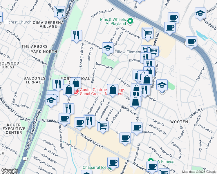 map of restaurants, bars, coffee shops, grocery stores, and more near 8215 Rockwood Lane in Austin