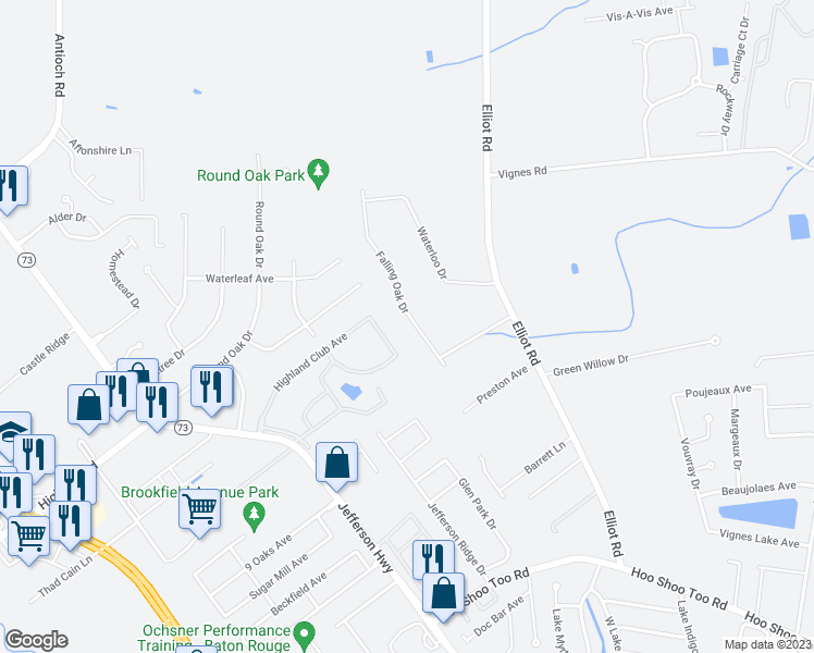 map of restaurants, bars, coffee shops, grocery stores, and more near 9328 Falling Oak Drive in Baton Rouge