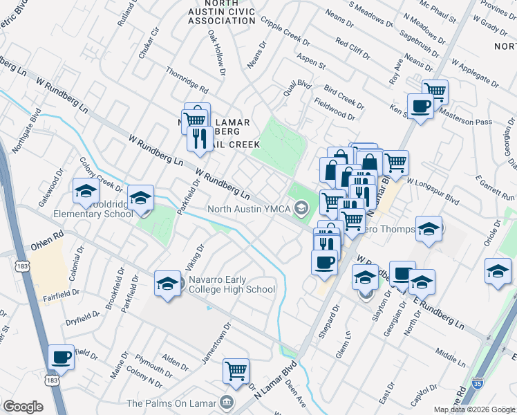 map of restaurants, bars, coffee shops, grocery stores, and more near 1127 Rutland Drive in Austin