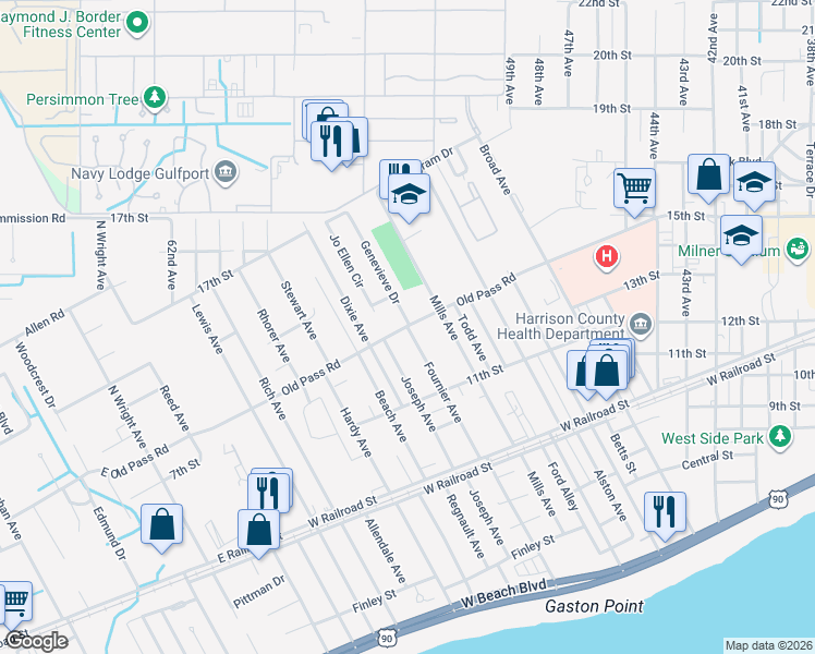 map of restaurants, bars, coffee shops, grocery stores, and more near 1408 Genevieve Drive in Gulfport