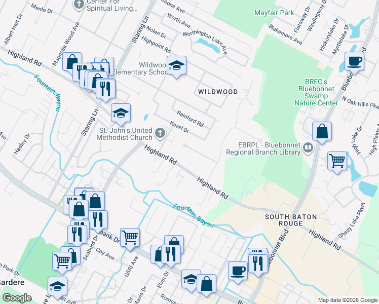 map of restaurants, bars, coffee shops, grocery stores, and more near 9602 Myrtle Lane in Baton Rouge