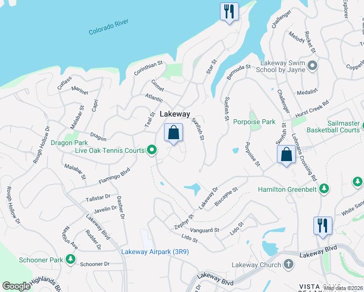 map of restaurants, bars, coffee shops, grocery stores, and more near 408 Seawind in Lakeway