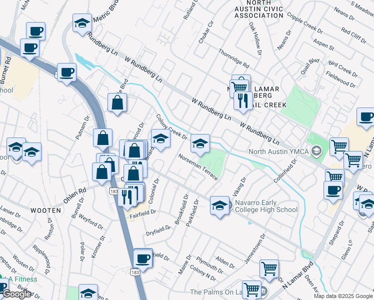 map of restaurants, bars, coffee shops, grocery stores, and more near 9007 Hunters Trace in Austin
