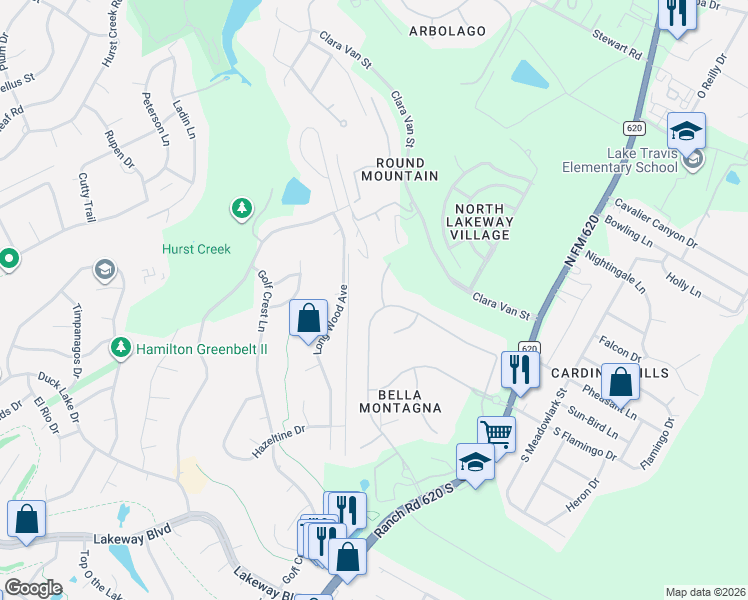 map of restaurants, bars, coffee shops, grocery stores, and more near 313 Bella Montagna Circle in Austin