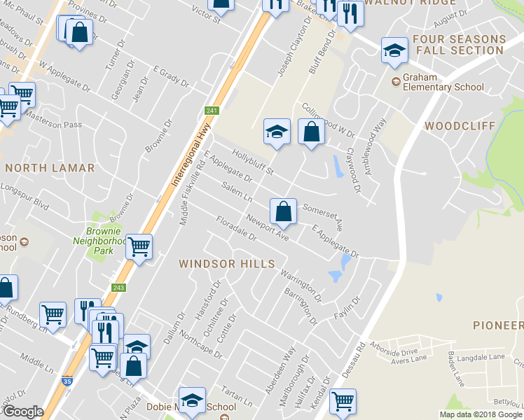 map of restaurants, bars, coffee shops, grocery stores, and more near 1005 Salem Lane in Austin