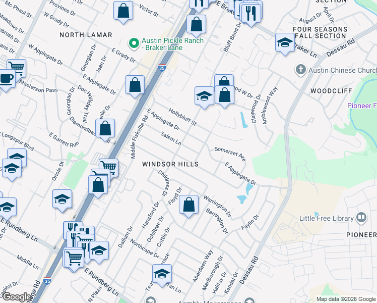 map of restaurants, bars, coffee shops, grocery stores, and more near 1004 Salem Lane in Austin