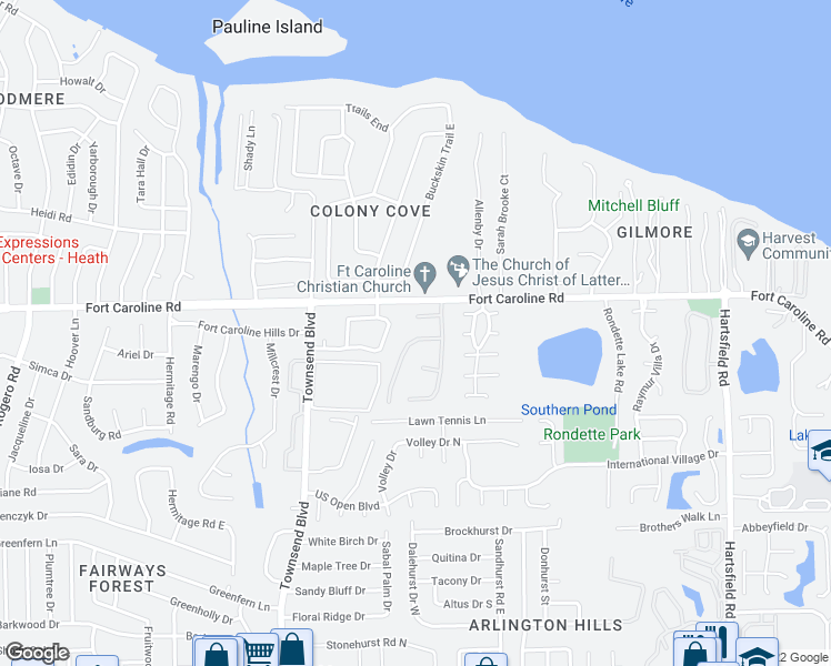 map of restaurants, bars, coffee shops, grocery stores, and more near 7615 Rain Forest Drive North in Jacksonville