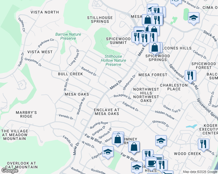 map of restaurants, bars, coffee shops, grocery stores, and more near 7604 Mesa Drive in Austin