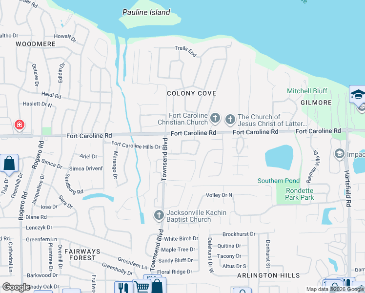 map of restaurants, bars, coffee shops, grocery stores, and more near 3528 Colony Cove Trail in Jacksonville