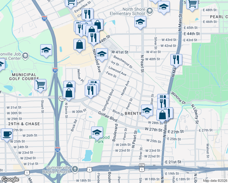 map of restaurants, bars, coffee shops, grocery stores, and more near 529 Alder Street in Jacksonville