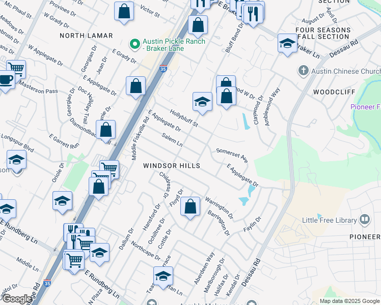 map of restaurants, bars, coffee shops, grocery stores, and more near 1004 Salem Lane in Austin
