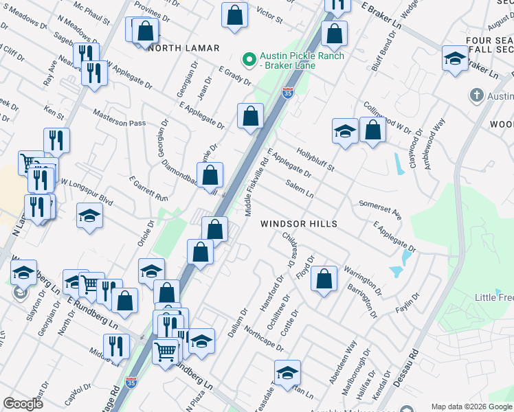 map of restaurants, bars, coffee shops, grocery stores, and more near 802 Floradale Drive in Austin