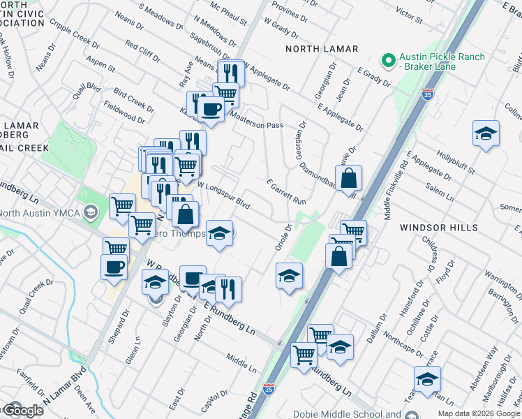 map of restaurants, bars, coffee shops, grocery stores, and more near 202 East Starling Drive in Austin