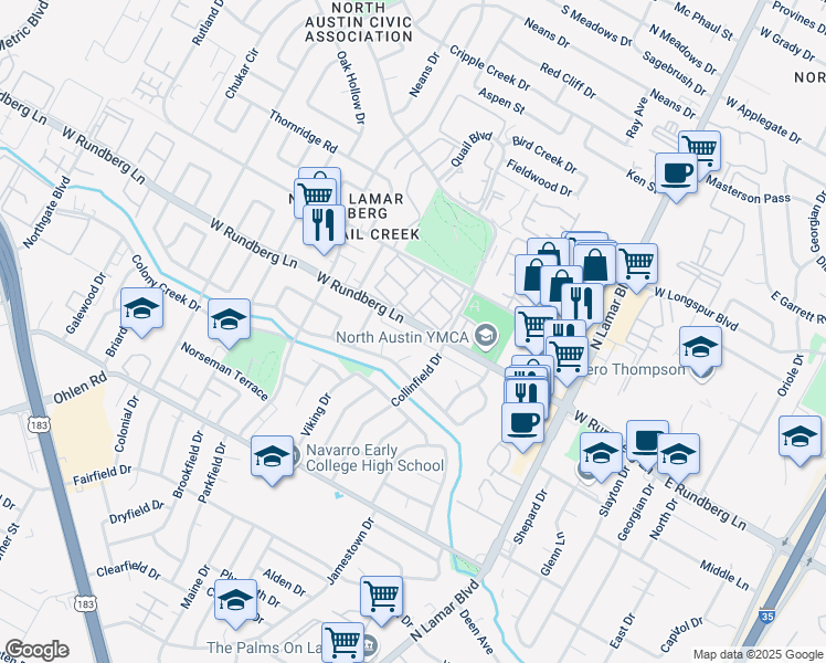 map of restaurants, bars, coffee shops, grocery stores, and more near 1127 Rutland Drive in Austin