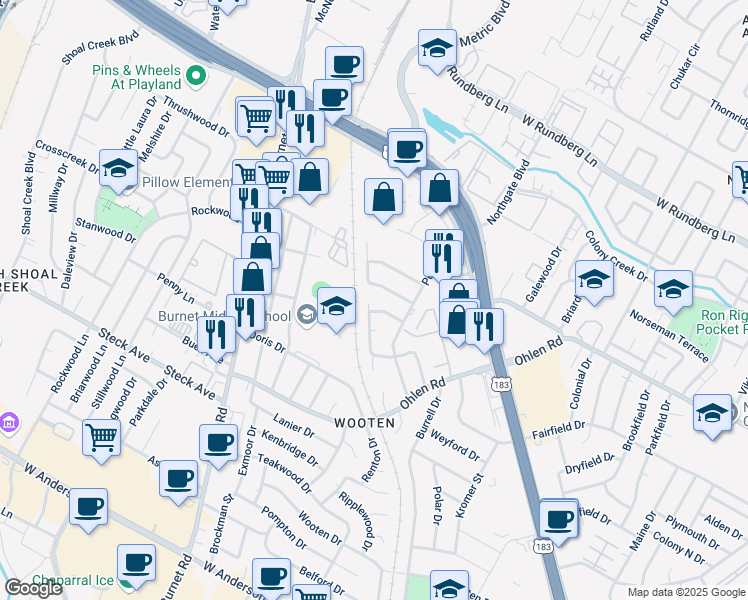 map of restaurants, bars, coffee shops, grocery stores, and more near 1919 Hearthside Drive in Austin