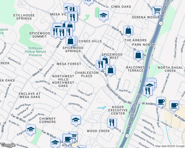 map of restaurants, bars, coffee shops, grocery stores, and more near 3702 Timson Court in Austin