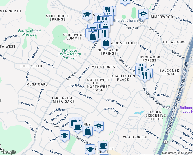 map of restaurants, bars, coffee shops, grocery stores, and more near 7709 Stoneywood Drive in Austin