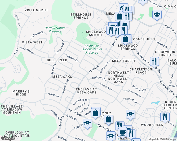 map of restaurants, bars, coffee shops, grocery stores, and more near 7604 Mesa Drive in Austin
