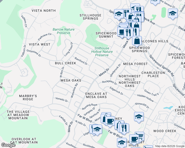 map of restaurants, bars, coffee shops, grocery stores, and more near 7604 Rustling Road in Austin