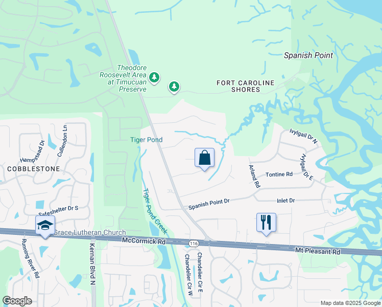 map of restaurants, bars, coffee shops, grocery stores, and more near 2223 Hunterwood Court in Jacksonville