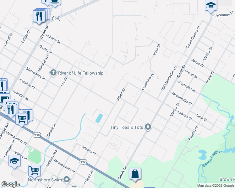 map of restaurants, bars, coffee shops, grocery stores, and more near 1336 Destin Street in Mandeville