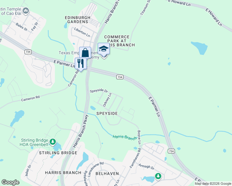 map of restaurants, bars, coffee shops, grocery stores, and more near 6112 Speyside Drive in Austin