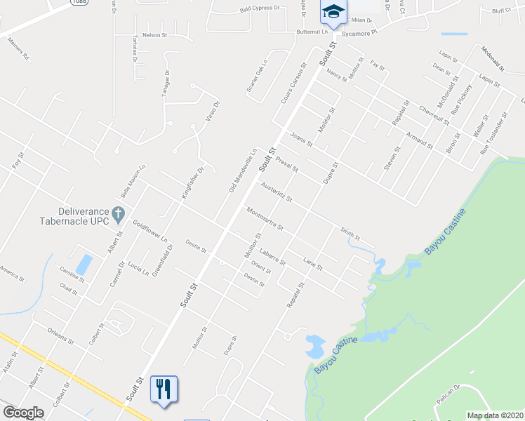 map of restaurants, bars, coffee shops, grocery stores, and more near 917 Montmartre Street in Mandeville