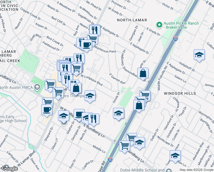 map of restaurants, bars, coffee shops, grocery stores, and more near 202 East Starling Drive in Austin