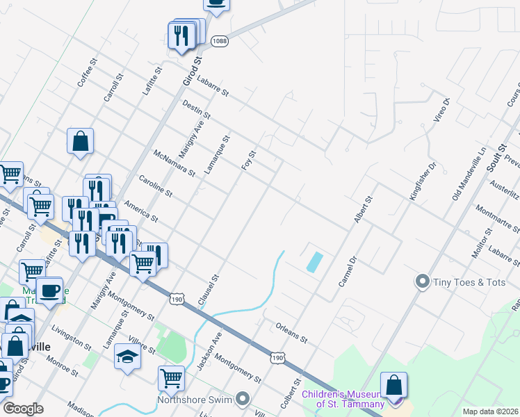 map of restaurants, bars, coffee shops, grocery stores, and more near 1349 Clausel Street in Mandeville