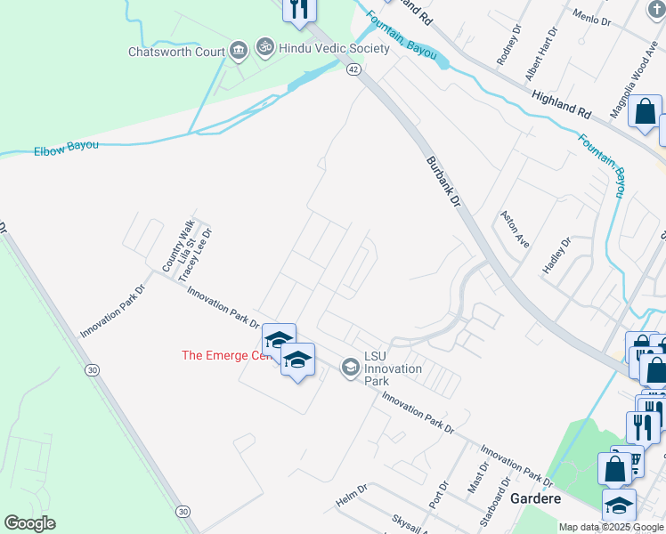 map of restaurants, bars, coffee shops, grocery stores, and more near 1021 Gentle Wind Drive in Baton Rouge