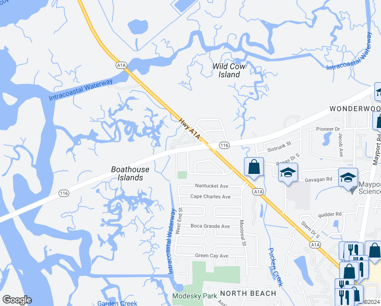 map of restaurants, bars, coffee shops, grocery stores, and more near 1290 Wonderwood Drive in Jacksonville